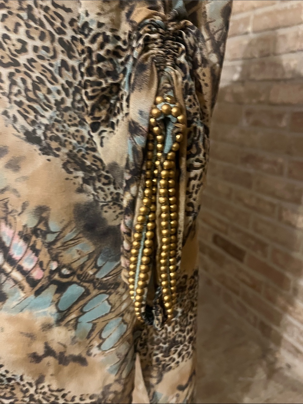 Beaded Sheer V-Neck Long Sleeve Animal-Print Tunic in Beige and Teal - Picture 4 of 6